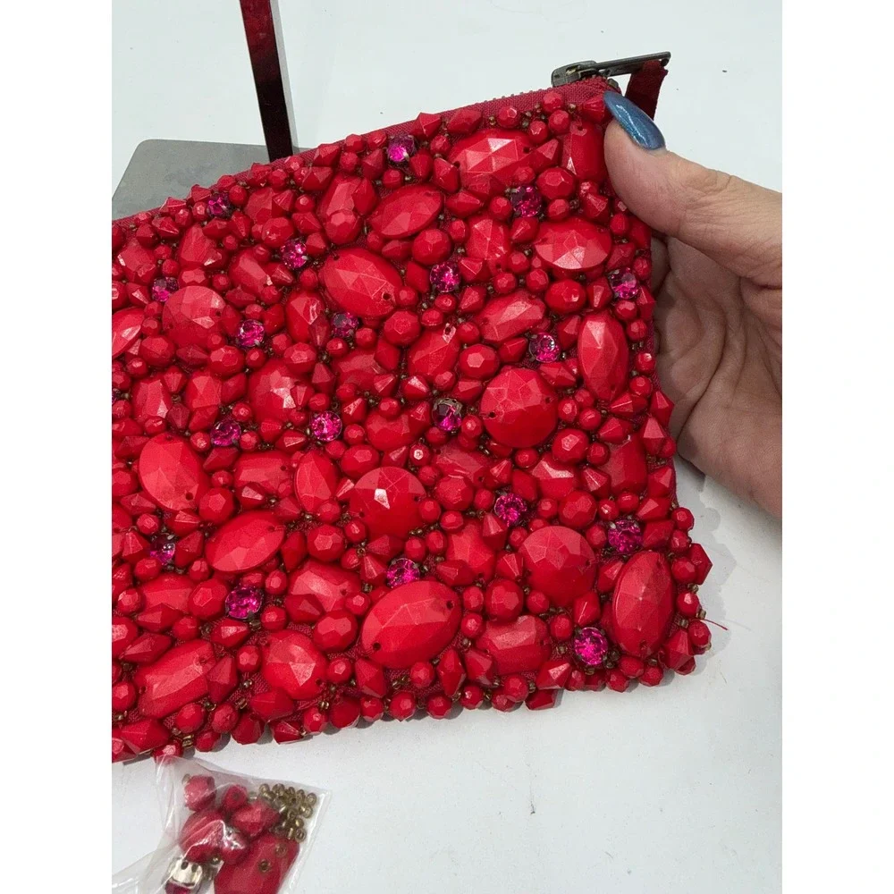 Red Beaded Rhinestone Embellished Zip Clutch Evening Bag with Spare Beads